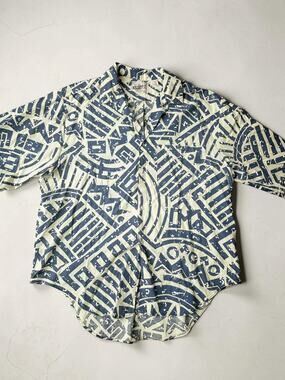 Vintage 80s Bon Homme Shirt L USA Blue Geometric Memphis Abstract Button Up